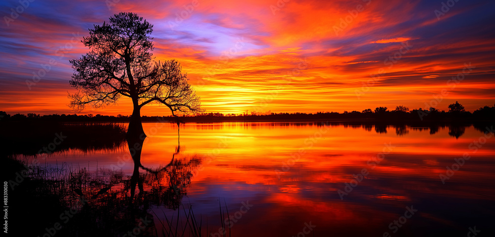 A mesmerizing sunset scene over a tranquil lake, where the sky is ablaze with hues of deep orange, crimson, and purple, reflecting vividly on the still water A mesmerizing sunset scene over a tranquil lake, where the sky is ablaze with hues of deep orange, crimson, and purple, reflecting vividly on the still water
