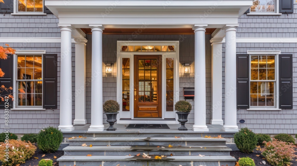 Obraz premium The classic symmetry of a Suburban Colonial home's facade, highlighted by a central front door framed by sidelights
