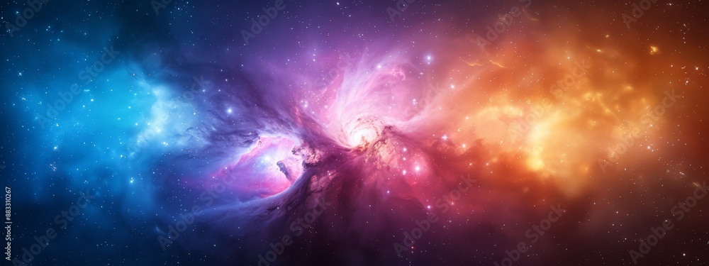 A vibrant expanse of stars, richly hued, with a prominent central pair in radiant shades of blue and pink A vibrant expanse of stars, richly hued, with a prominent central pair in radiant shades of blue and pink