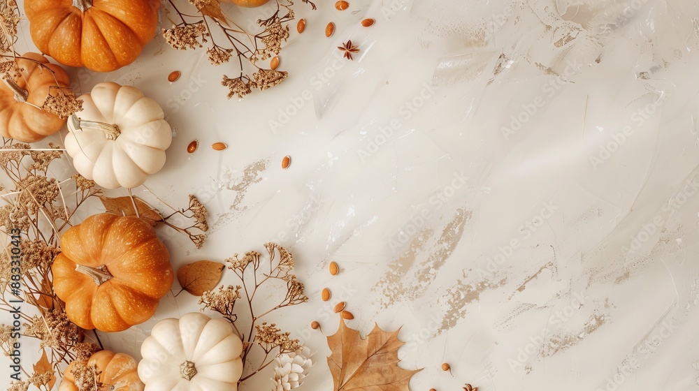 Obraz premium Top view Thanksgiving day with pumpkins, free space on one side, Boho Chic Style Decor