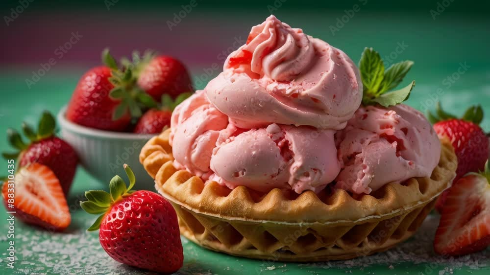 Delicious strawberry ice cream on a waffle cone with fresh strawberries Delicious strawberry ice cream on a waffle cone with fresh strawberries