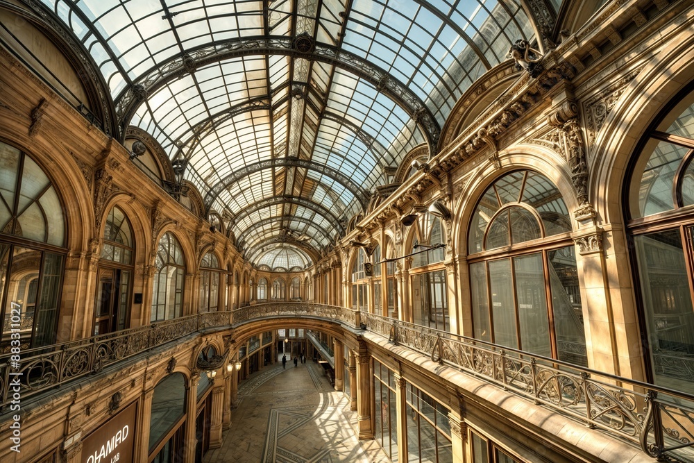 Elegant glass roof and arches in a historic Parisian shopping arcade Elegant glass roof and arches in a historic Parisian shopping arcade