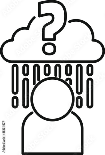 Person standing under a cloud with a question mark raining questions on them