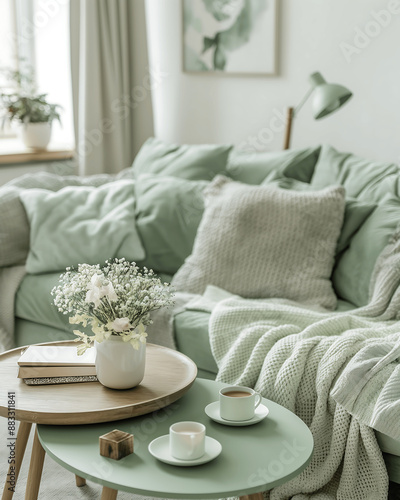 Cozy Living Room with Soft Green Sofa, Blankets, and Floral Decor