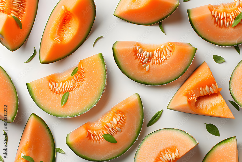 Cantaloupe fruit slices on a white background Cantaloupe fruit slices on a white background