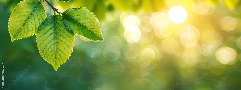 A tight shot of a green tree leaf on a branch, sunlight filtering through its surface, backdrop of indistinct trees softened by light sunrays A tight shot of a green tree leaf on a branch, sunlight filtering through its surface, backdrop of indistinct trees softened by light sunrays
