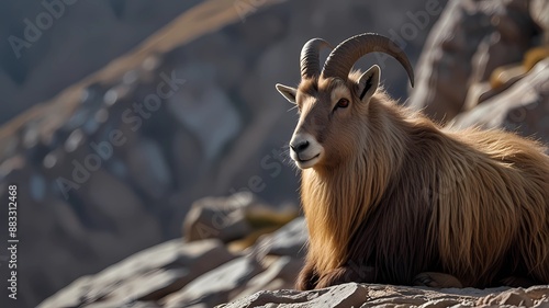 Himalayan tahr, Hemitragus jemlahicus, even-toed ungulate native to the Himalayas in southern Tibet. Wild goat in the rock stone nature habitat, mountian in north of India. Wildlife
 photo