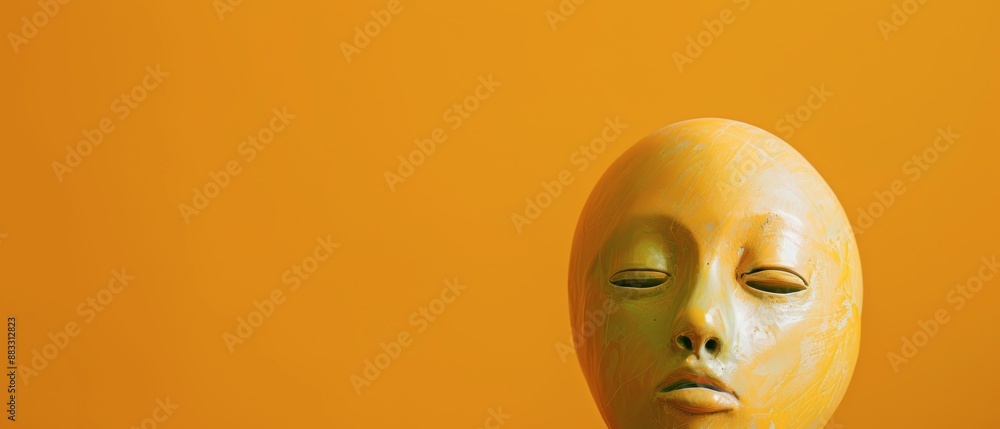 Close Up of a Yellow Ceramic Mask Against a Vibrant Orange Wall Close Up of a Yellow Ceramic Mask Against a Vibrant Orange Wall