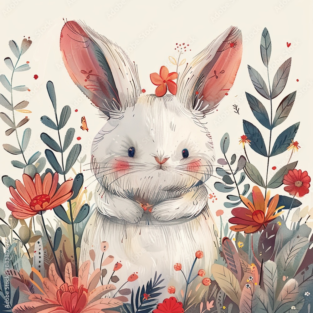 Rabbit sitting in a clearing. Different grassy plants and flowers grow ...