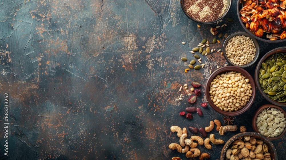 Protein rich vegan snack option with rustic food background and copy space Protein rich vegan snack option with rustic food background and copy space