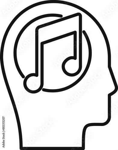 Outline of human head thinking about music with musical note inside