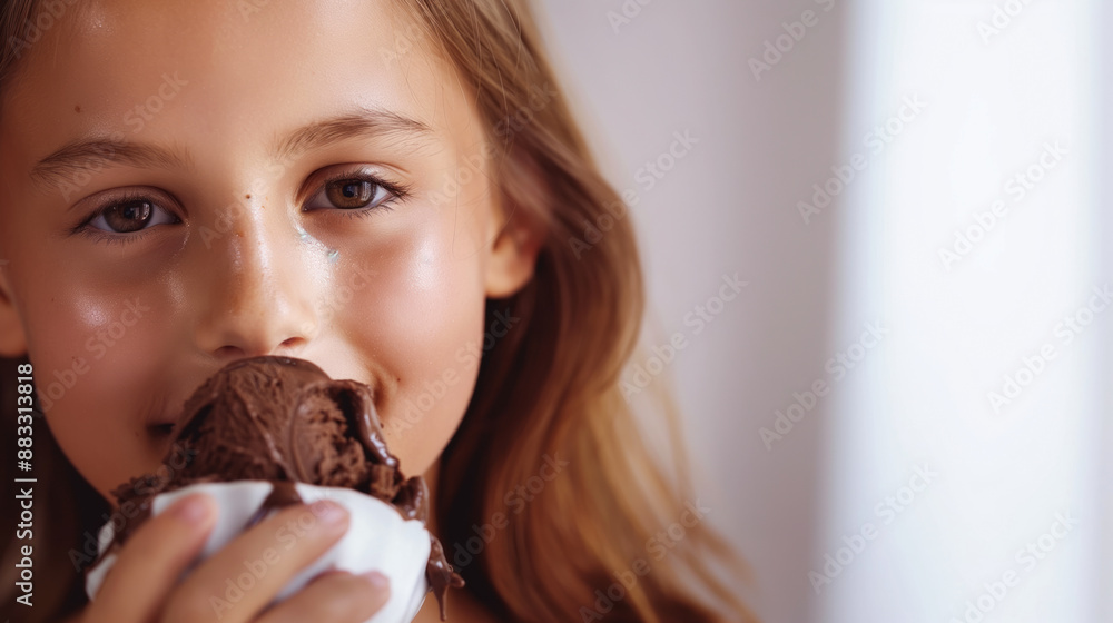 Young girl with eyes wide open savors chocolate ice cream from a bowl Young girl with eyes wide open savors chocolate ice cream from a bowl