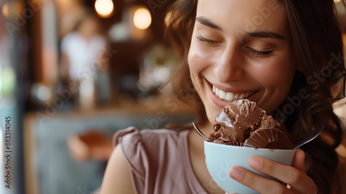 young women delights in tasting chocolate ice cream from a bowl