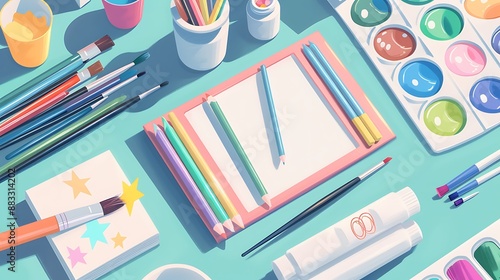 Colorful art supplies and a blank canvas await the creative mind