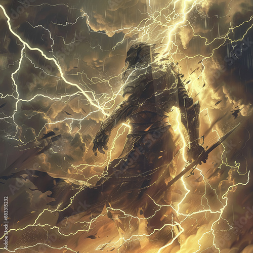 Conceptual art of an ancient warrior summoning a storm, electric energy, dramatic lightingVector illustrations photo