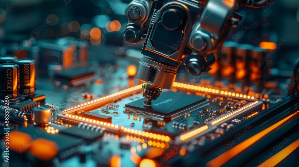 Robotic Arm Assembling Circuit Board in High-Tech Factory Setting Robotic Arm Assembling Circuit Board in High-Tech Factory Setting