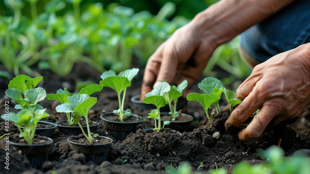 Hand planting young seedlings in garden soil. Hand planting young seedlings in garden soil.
