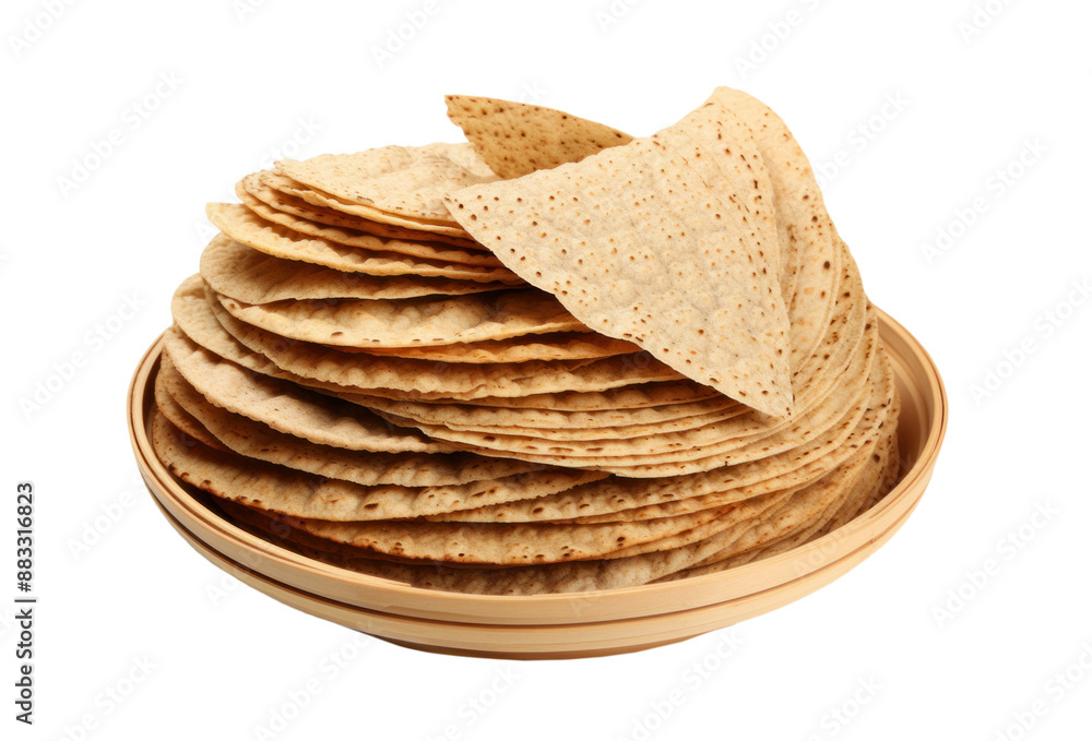 Fresh unleavened yeast-free bread for a healthy diet, Stacked on Wooden Plate, isolated Fresh unleavened yeast-free bread for a healthy diet, Stacked on Wooden Plate, isolated