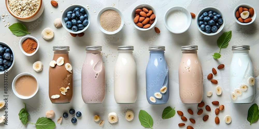 Flat lay of plantbased milk bottles on light background lactos. Concept Flat lay Photography, Plant-based Milk, Bottles, Light Background, Vegan Dairy Alternatives Flat lay of plantbased milk bottles on light background lactos. Concept Flat lay Photography, Plant-based Milk, Bottles, Light Background, Vegan Dairy Alternatives