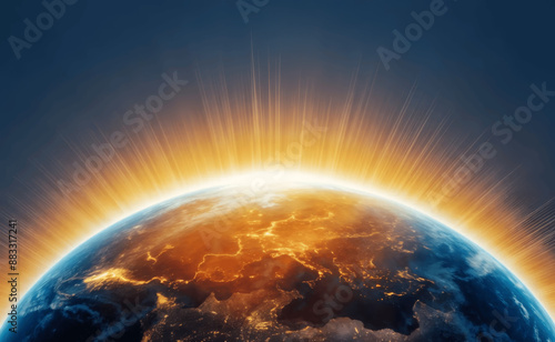 A radiant, golden light emerges from behind the curve of the Earth, illuminating a scene of vast landscapes and twinkling city lights.