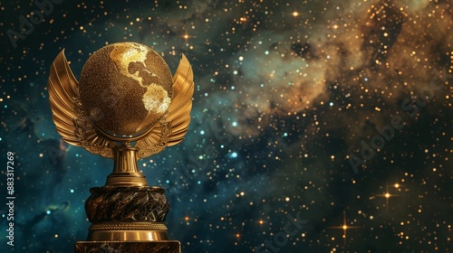 Golden trophy with a globe and wings design, symbolizing global success, placed on a pedestal with a high-quality background of a starry sky 