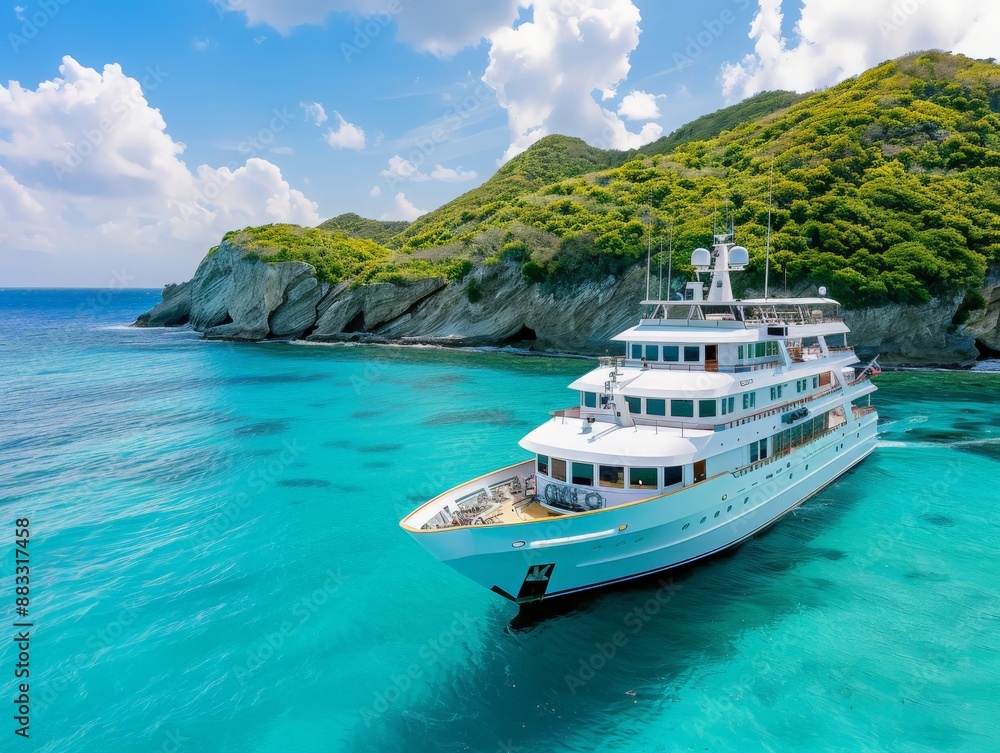 Grand yacht with multiple decks, anchored in a crystal-clear bay, with a backdrop background of lush green hills and blue sky, evoking a sense of serene opulence Grand yacht with multiple decks, anchored in a crystal-clear bay, with a backdrop background of lush green hills and blue sky, evoking a sense of serene opulence