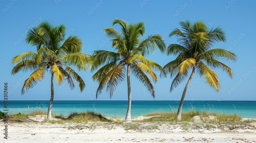 Tropical palm trees on sandy shoreline Tropical palm trees on sandy shoreline