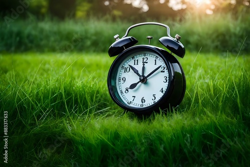 Alarm clock on green grass.