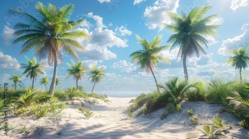 Tropical palm trees on sandy shoreline © yendi