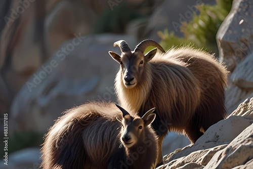 Himalayan tahr in the rock mountain habitat. Himalayan tahr with little youngs. Himalayan tahr with pups in stone mountain. Himalaya.
 photo