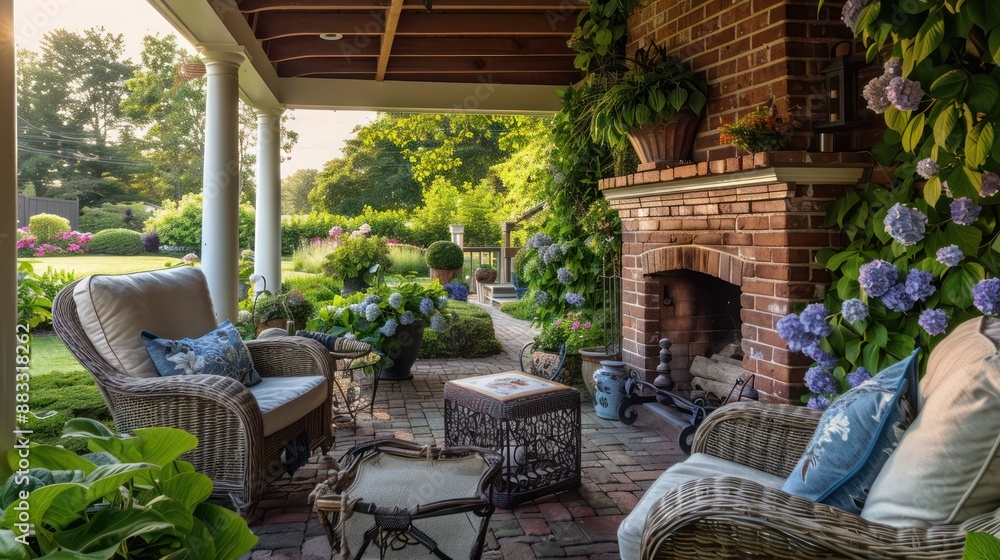 Obraz premium The cozy, covered patio of a Suburban Cape Cod home, surrounded by climbing hydrangeas and equipped with a brick fireplace for chilly evenings