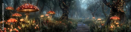 Glowing red mushrooms in a mysterious foggy forest with a stone path photo