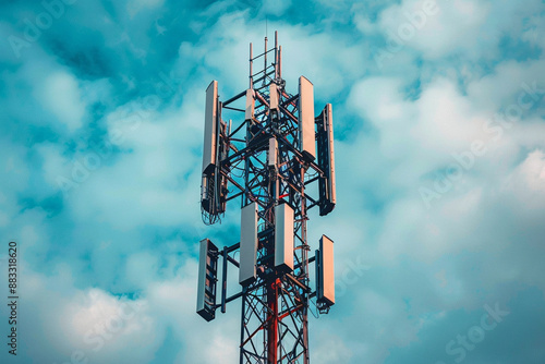 Close-Up of GPS, Cellphone, 3G, 4G, and 5G Equipped Telecommunication Towers Against Cloudy Blue Sky
