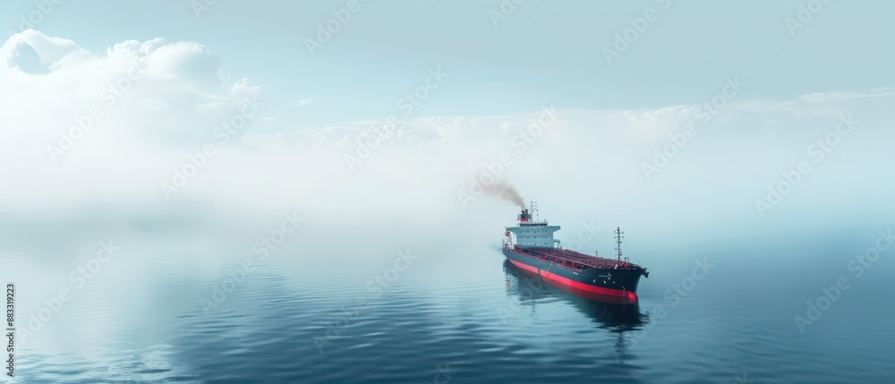 Fototapeta premium Large Cargo Ship Navigating Through Foggy Ocean Waters