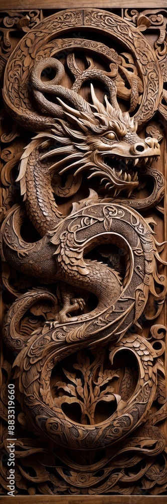 Intricately Carved Wooden Panel Depicting a Coiled Dragon with Ornate Patterns and Designs Intricately Carved Wooden Panel Depicting a Coiled Dragon with Ornate Patterns and Designs
