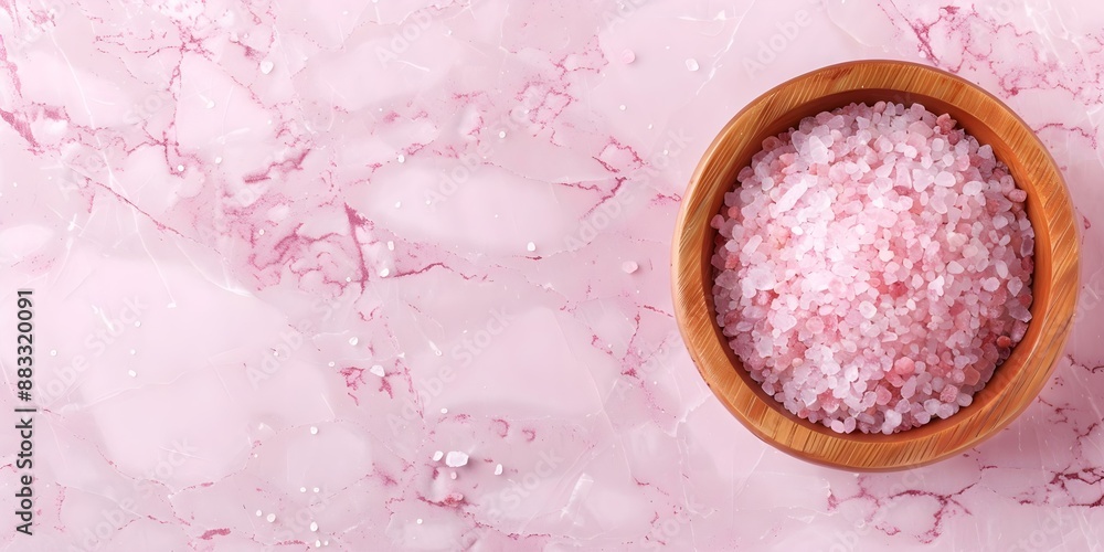Top view of Himalayan pink salt in wooden bowl on pink marble. Concept Food Photography, Himalayan Salt, Pink Marble, Kitchen Inspiration, Natural Ingredients Top view of Himalayan pink salt in wooden bowl on pink marble. Concept Food Photography, Himalayan Salt, Pink Marble, Kitchen Inspiration, Natural Ingredients
