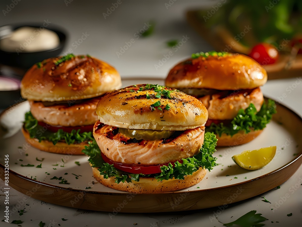 Beautifully Presented Fresh Salmon Burgers with Chives and Parsley Beautifully Presented Fresh Salmon Burgers with Chives and Parsley