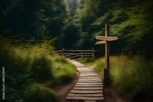 Wooden bridge pathway in the forest.