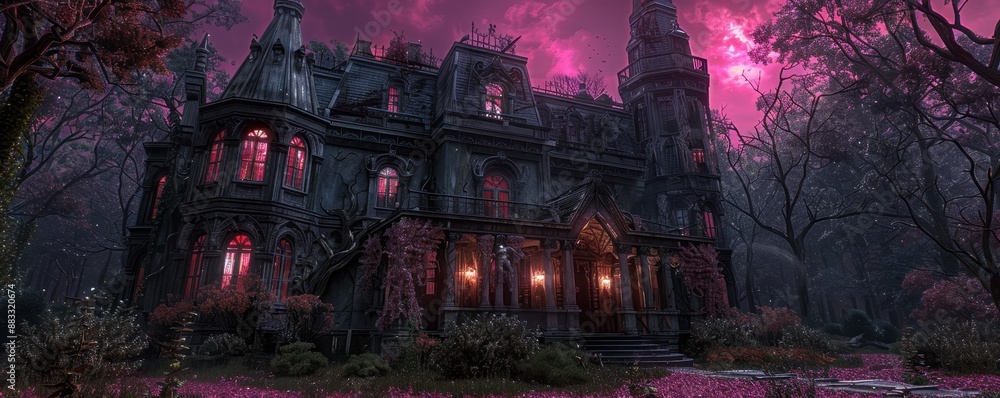 Obraz premium Haunted mansion with pink-tinged windows