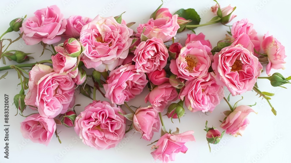 Pink roses overhead view full bloom filled white background.