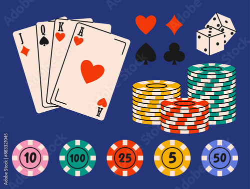 Poker game equipment.  Flat vector illustration of playing cards, dice, casino chips and card suits. Gambling concept.