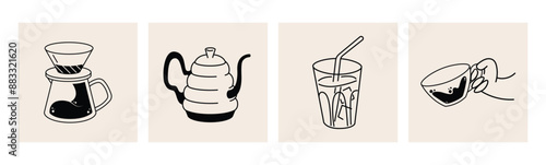 Coffee elements, tools, accessories set. Barista, takeaway paper cups, mugs, kettles, brewing, filter coffee, v60, glasses, beans, bags and desserts. Flat vector illustration isolated on background
