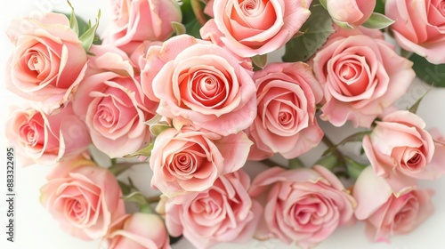 Pink roses overhead view full bloom filled white background. © CaptainMCity
