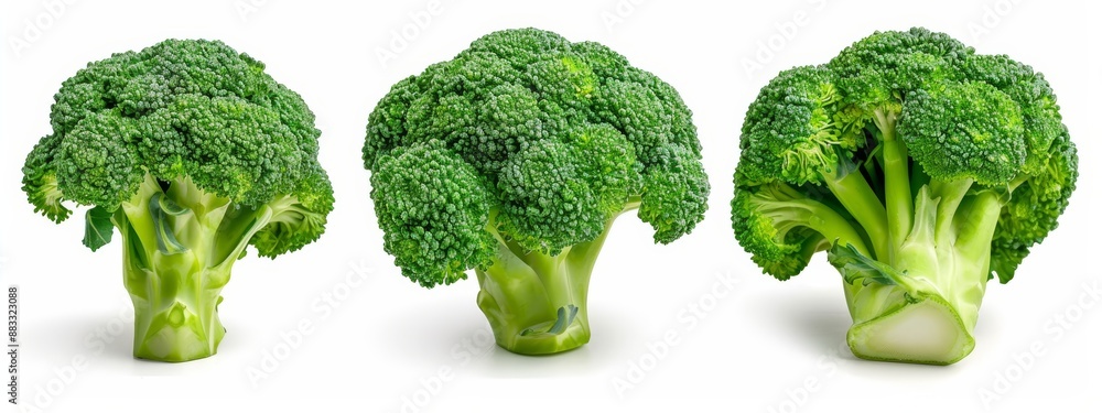 Three broccoli florets arranged together on a pristine white countertop Three broccoli florets arranged together on a pristine white countertop