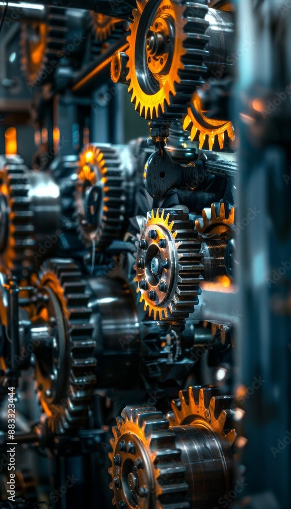 Fototapeta premium Dynamic Industrial Machinery with Gears in Motion and Dramatic Lighting for Engineering Design