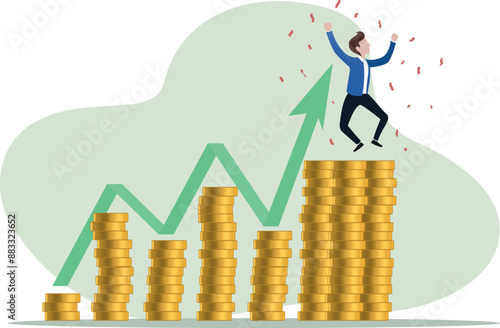 financial success in investing or saving, compound interest earnings or financial growth, concept of achieving financial goals and obtaining wealth, businessman celebrating on a stack of coins