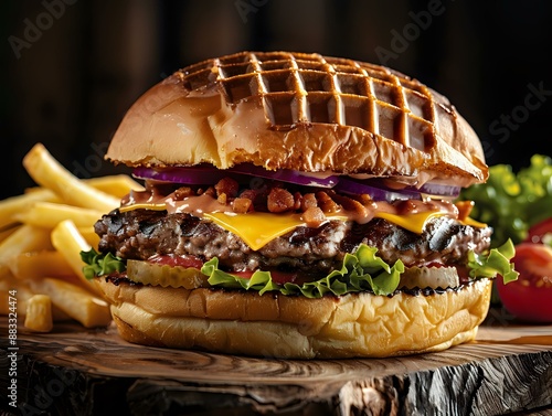 Gourmet burger with melted cheese and crispy bacon bits photo