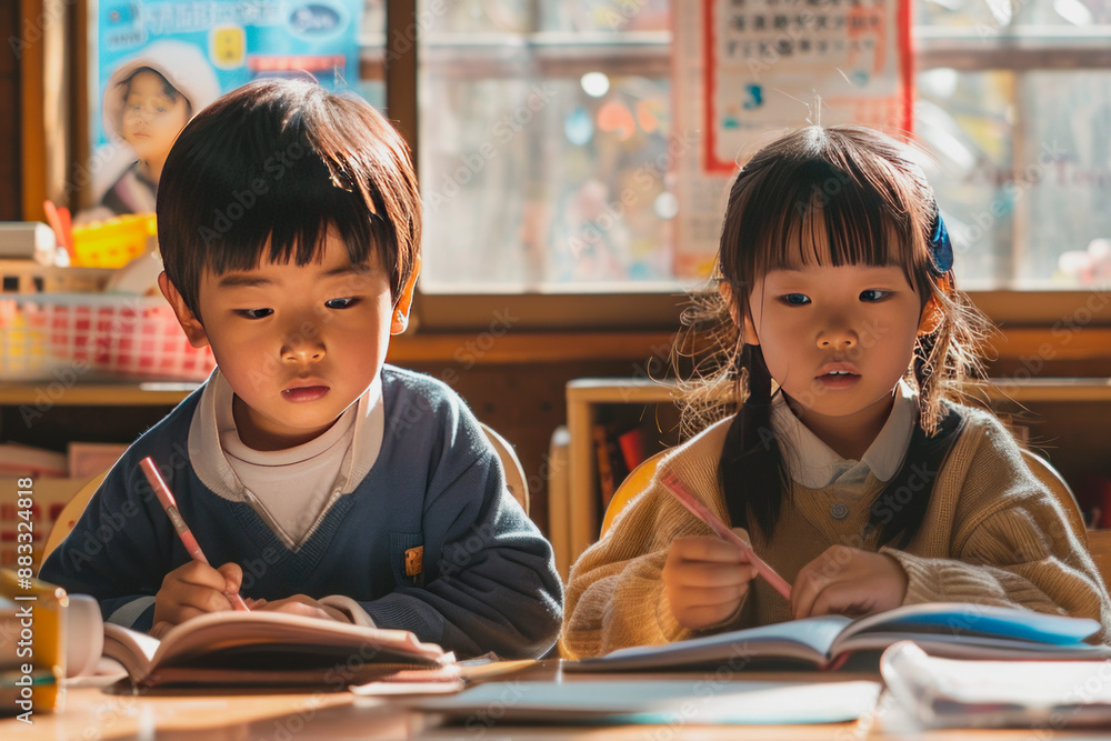 Young students diligently writing in a sunny classroom Young students diligently writing in a sunny classroom
