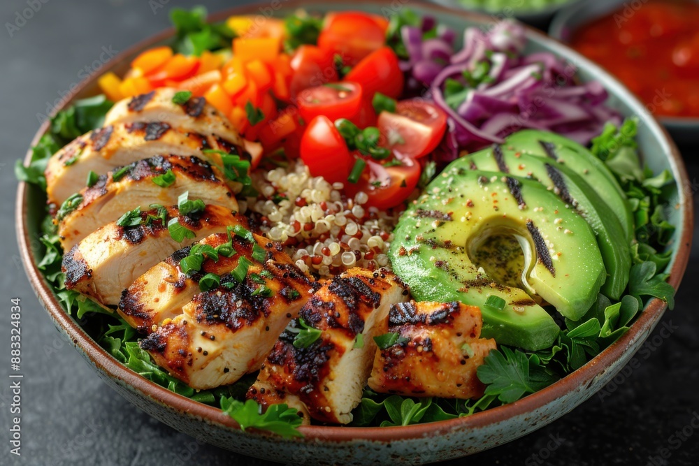 Salad bowl filled with fresh vegetables quinoa and grilled chicken Salad bowl filled with fresh vegetables quinoa and grilled chicken