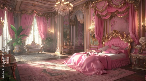 araffe bedroom with pink bed and pink curtains and a chandelier